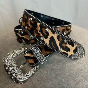 Zara Brown leopard animal print pony hair western rhinestone belt Silvertone 30